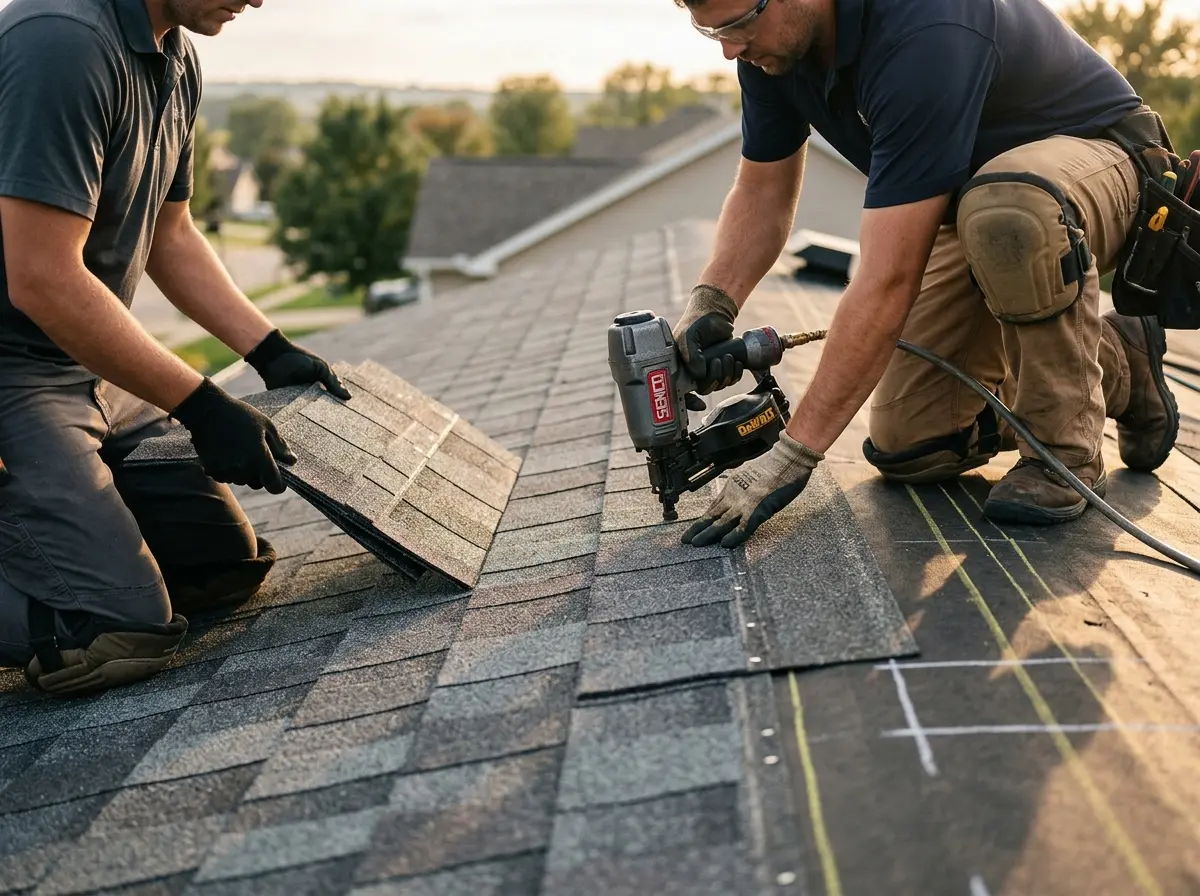 Professional roofer working on a residential roof in Narragansett